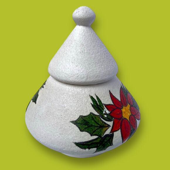 Vintage Mid Century Atomic Poinsettia Christmas Candy Dish Lidded Hand Painted - Picture 2 of 6